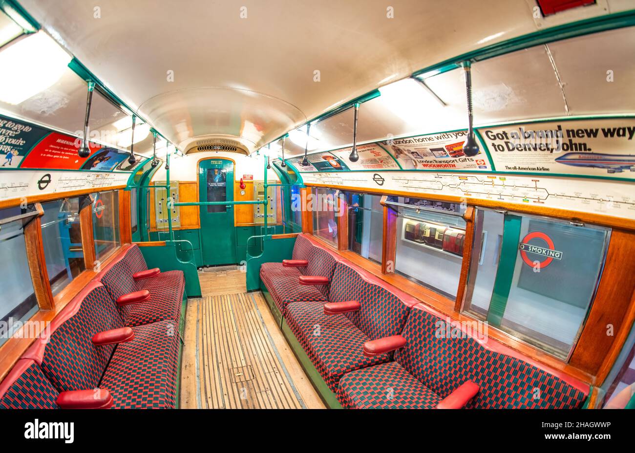 LONDON, UNITED KINGDOM - Oct 12, 2021: The inside of an old subway train in the London Transport Museum Stock Photo