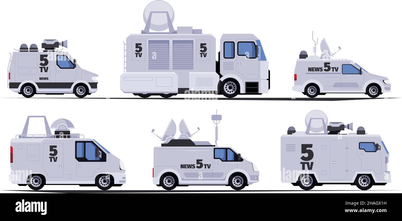 Broadcast cars. Vehicles with tv translation satellite communication radio channels television newscaster machine garish vector cartoon set Stock Vector