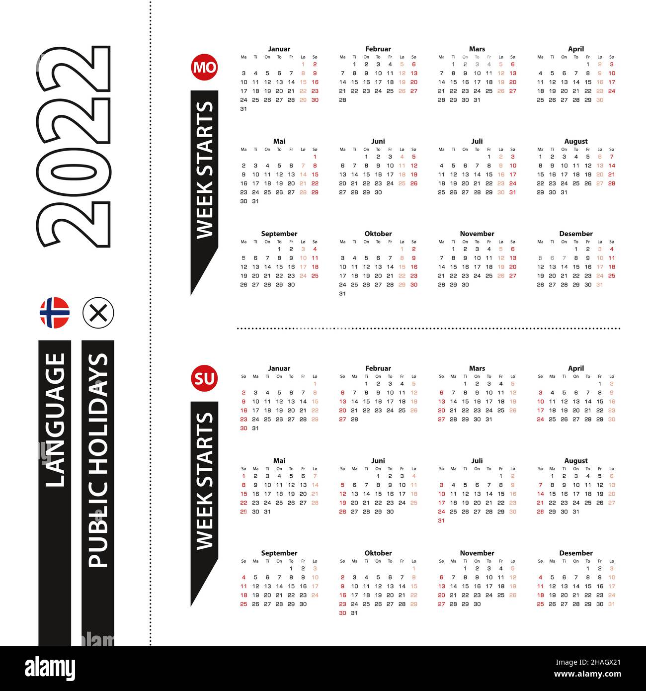 Two versions of 2022 calendar in Norwegian, week starts from Monday and