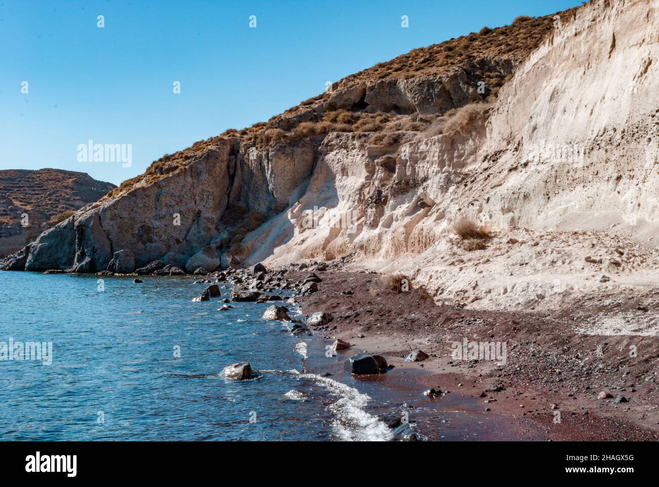 White Rock and sea at white beach of Aspri in Santorini Stock Photo