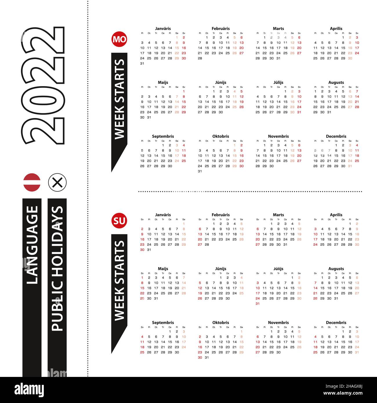Two versions of 2022 calendar in Latvian, week starts from Monday and ...
