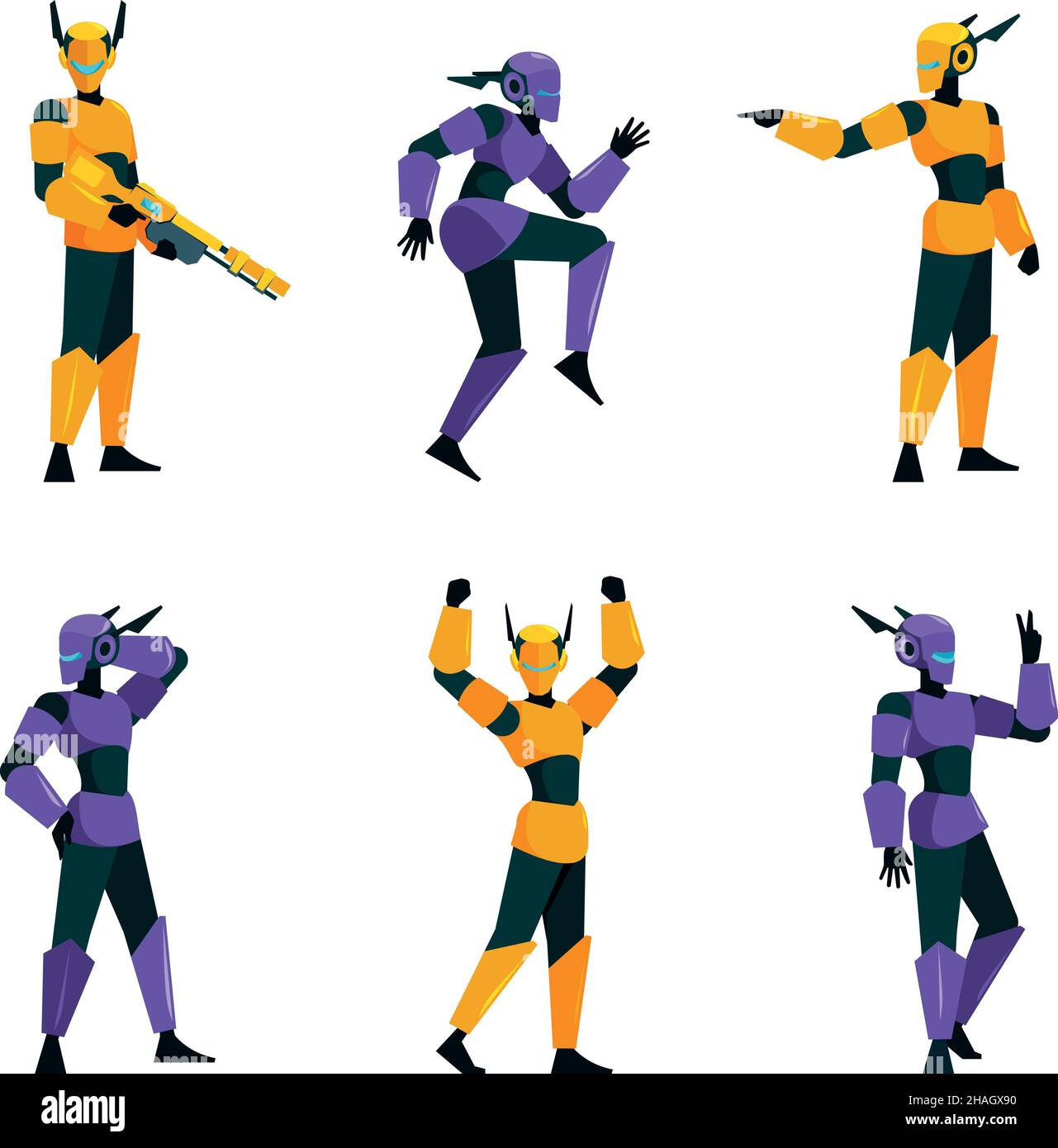 Human cyborg. Robot female and male in action poses training humanoid digital soldier garish vector cartoon characters Stock Vector