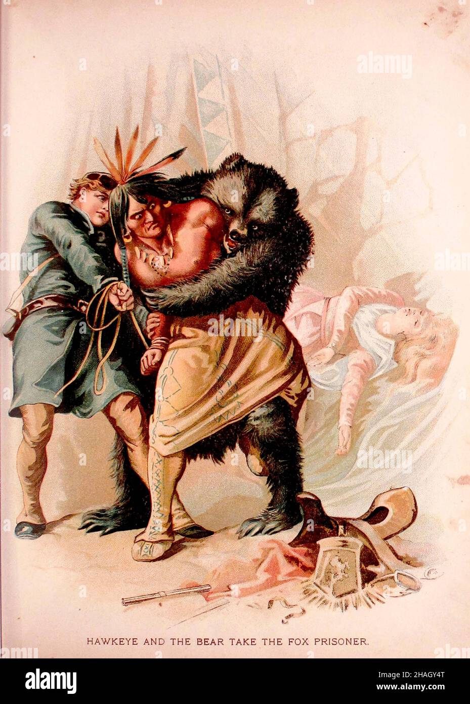 Hawleye and the Bear take the Fox prisoner from the book ' Historical Stories of American Pioneer Life ' by James Fenimore Cooper; illustrated by Michal Elwiro Andriolli and engraved by Edmund Evans Published in 1897 Stock Photo