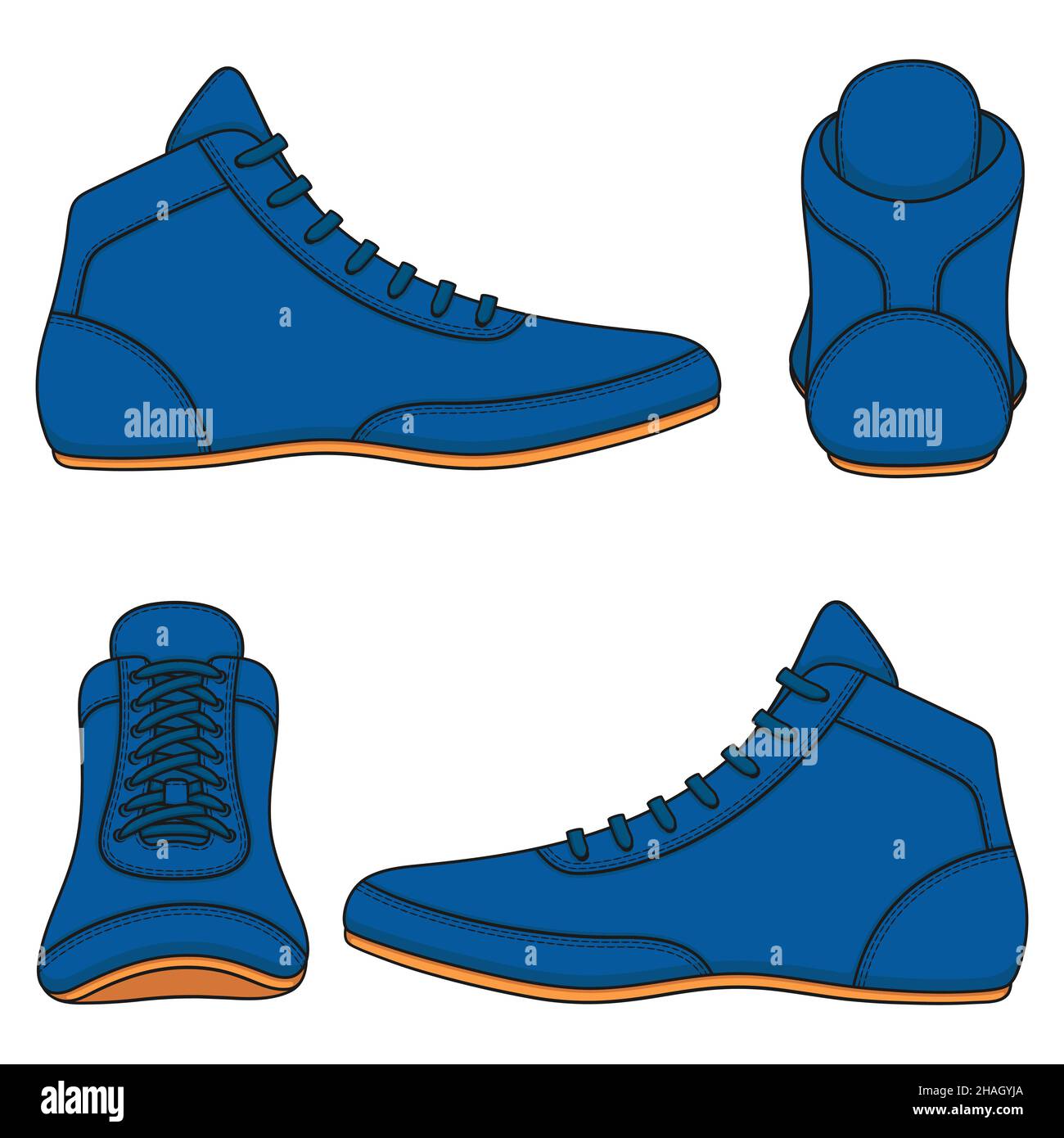 Set of color illustrations with blue wrestling shoes, sports shoes. Isolated vector objects on a white background. Stock Vector