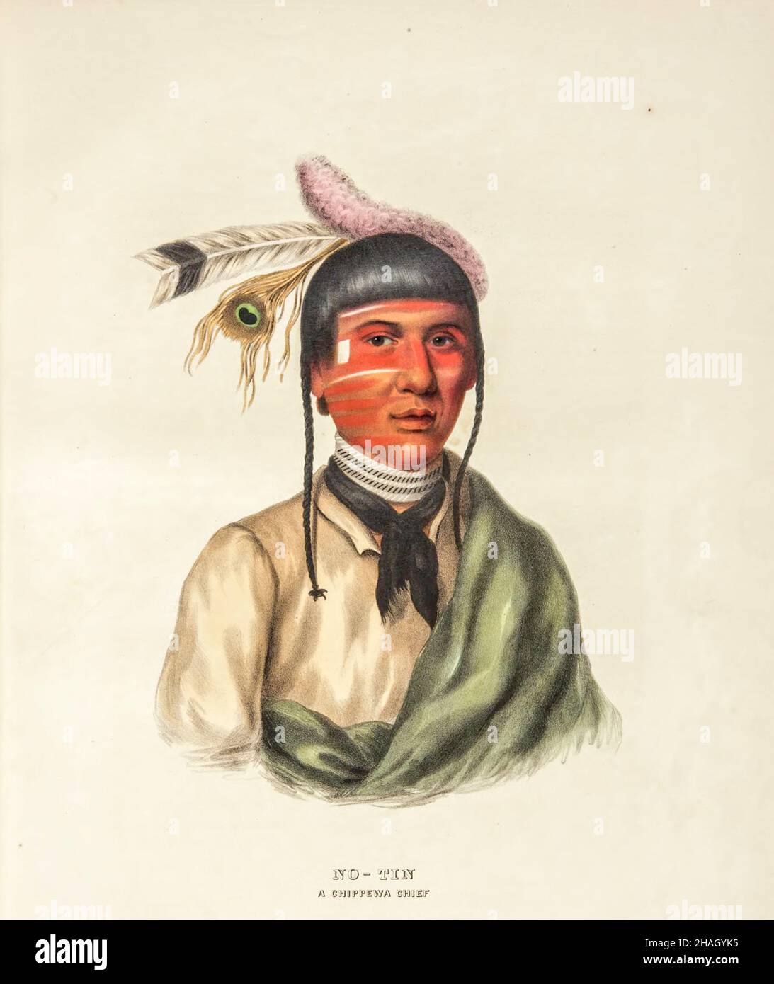 NO-TIN. A CHIPPEWA CHIEF. from the book ' History of the Indian Tribes of North America with biographical sketches and anecdotes of the principal chiefs. ' Volume 3 of 3 by Thomas Loraine,McKenney, and James Hall Esq. Published in 1844 Painted by Charles Bird King Stock Photo