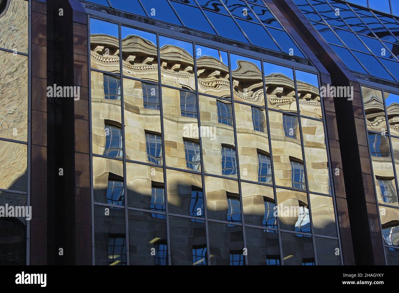 Reflection of office building in window. St.Vincent Street, Glasgow, Scotland, United Kingdom, Europe. Stock Photo