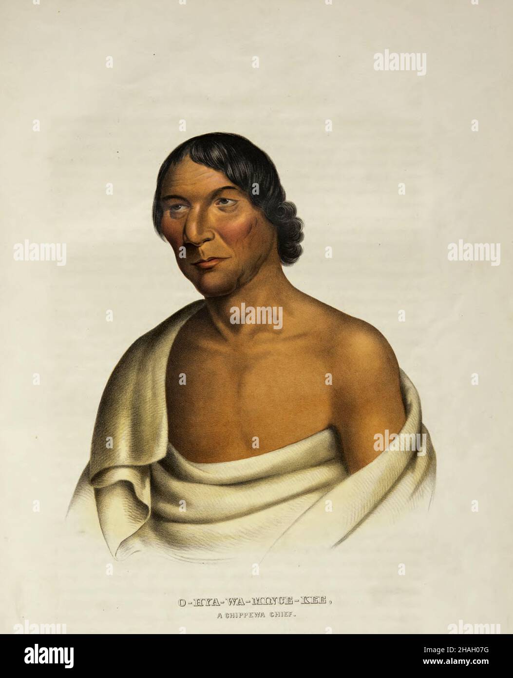 O‑HYA-WA-MINCE-KEE, A CHIPPEWA CHIEF from the book ' History of the Indian Tribes of North America with biographical sketches and anecdotes of the principal chiefs. ' Volume 3 of 3 by Thomas Loraine,McKenney, and James Hall Esq. Published in 1844 Painted by Charles Bird King Stock Photo