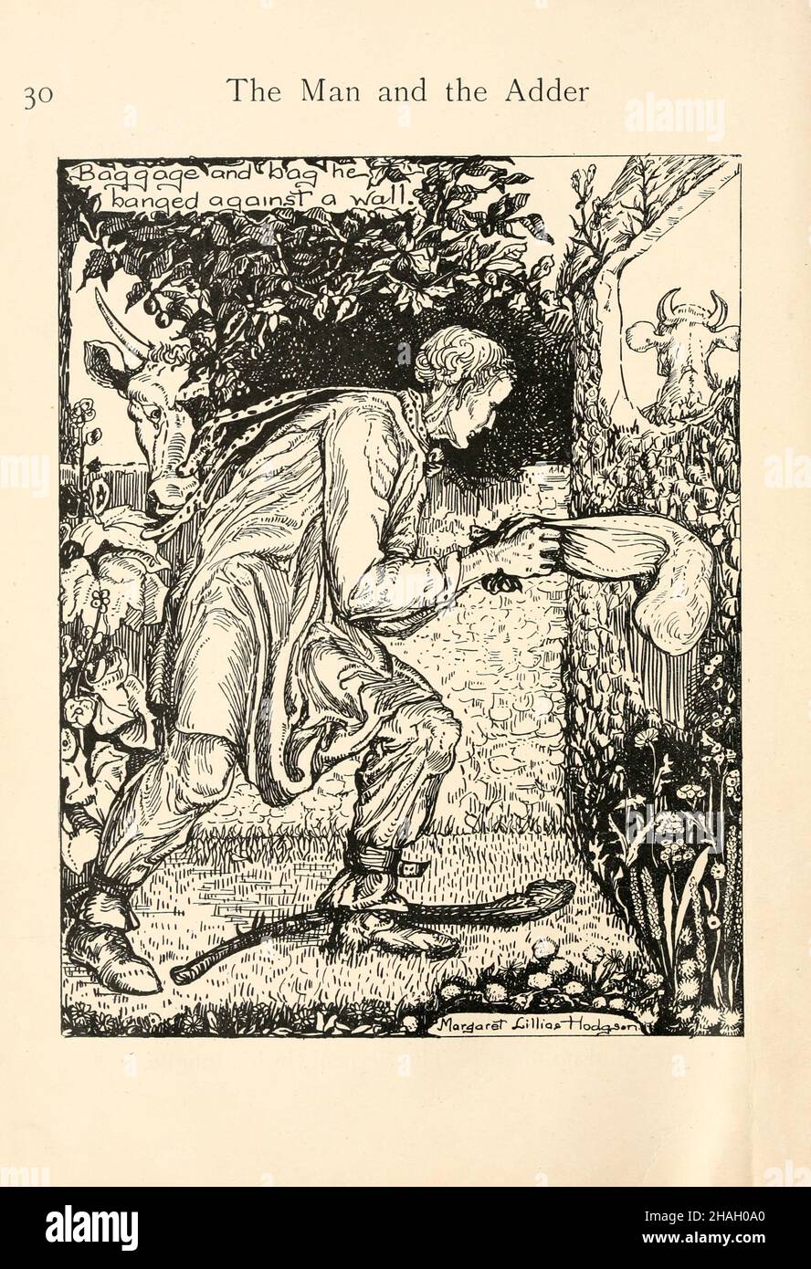 The Man and the Adder from the book ' The masterpieces of La Fontaine ': done in a vein of phrasing terse and fancy into English verse by Jean de La Fontaine, 1621-1695; and Paul Hookham, Published in Oxford by B. H. Blackwell in 1916 Stock Photo