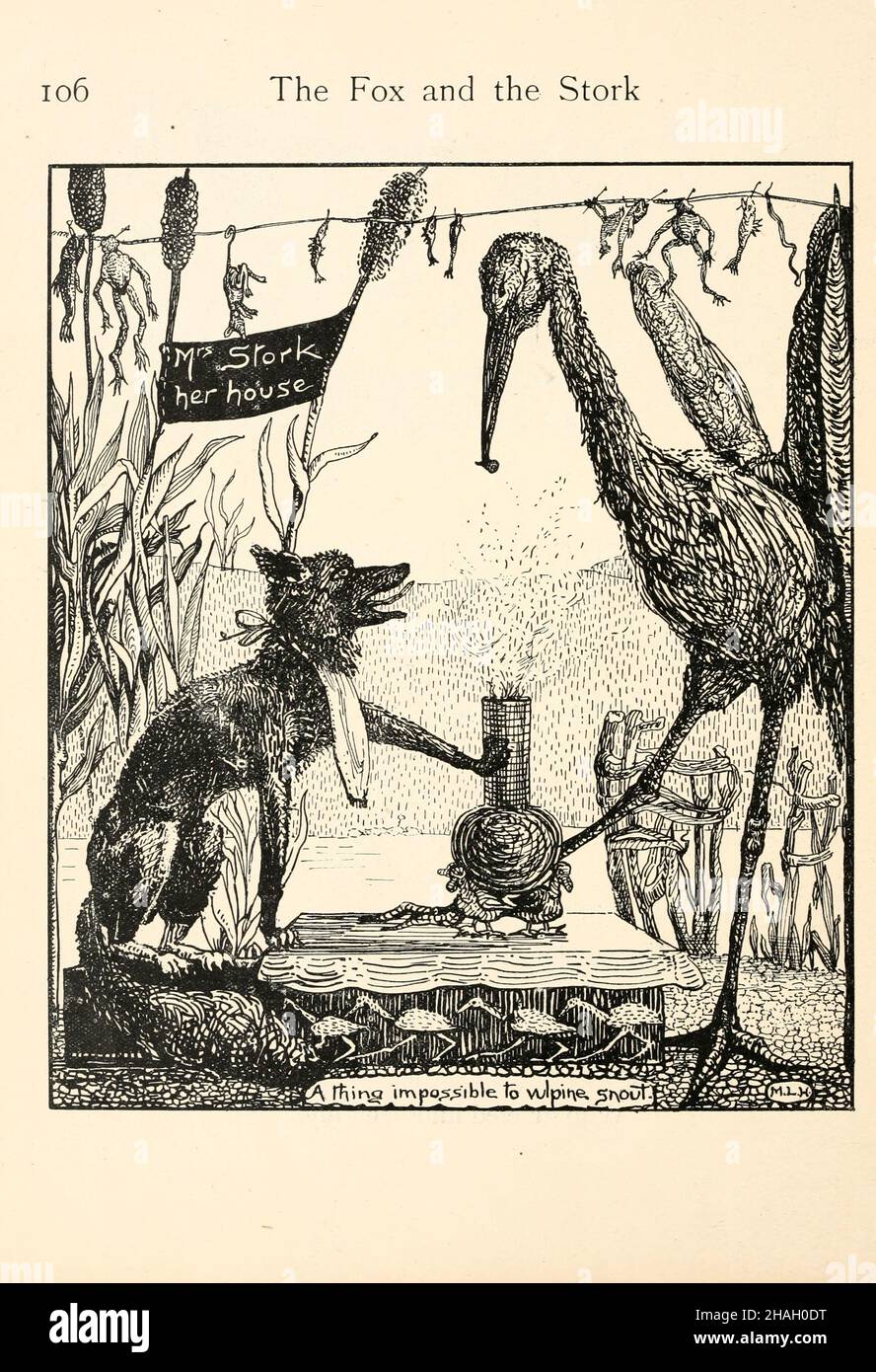 The Fox and the Stork from the book ' The masterpieces of La Fontaine ': done in a vein of phrasing terse and fancy into English verse by Jean de La Fontaine, 1621-1695; and Paul Hookham, Published in Oxford by B. H. Blackwell in 1916 Stock Photo