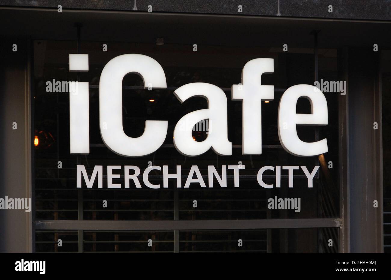 iCafe Mechant City logo. Ingram Street, Merchant City, Glasgow, Scotland, Unitred Kingdom, Europe. Stock Photo