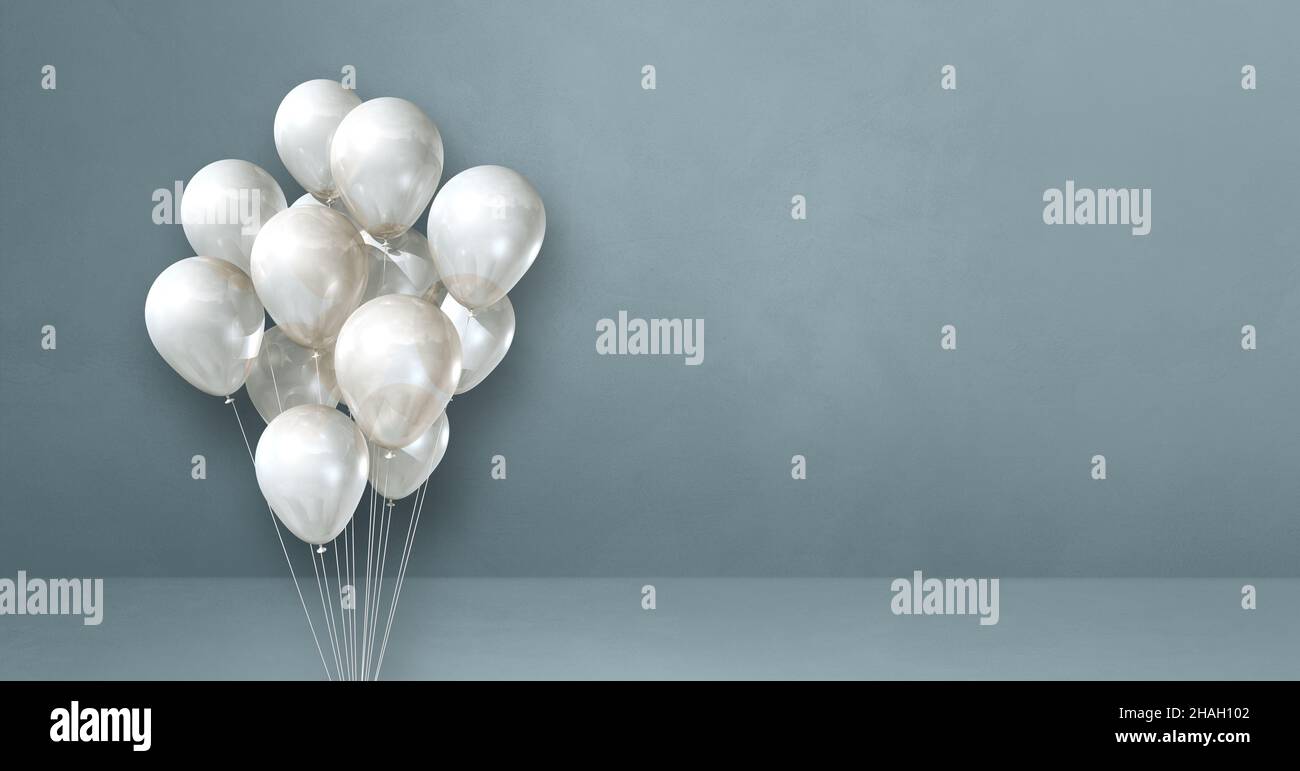 White balloons bunch on a grey wall background. Horizontal banner. 3D ...