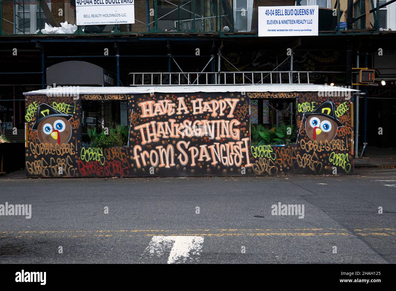 An ornate outdoor eating place decorated for Thanksgiving. Outside Spanglish Mexican Restaurant on Bell Blvd in Bayside, Queens, New York City. Stock Photo