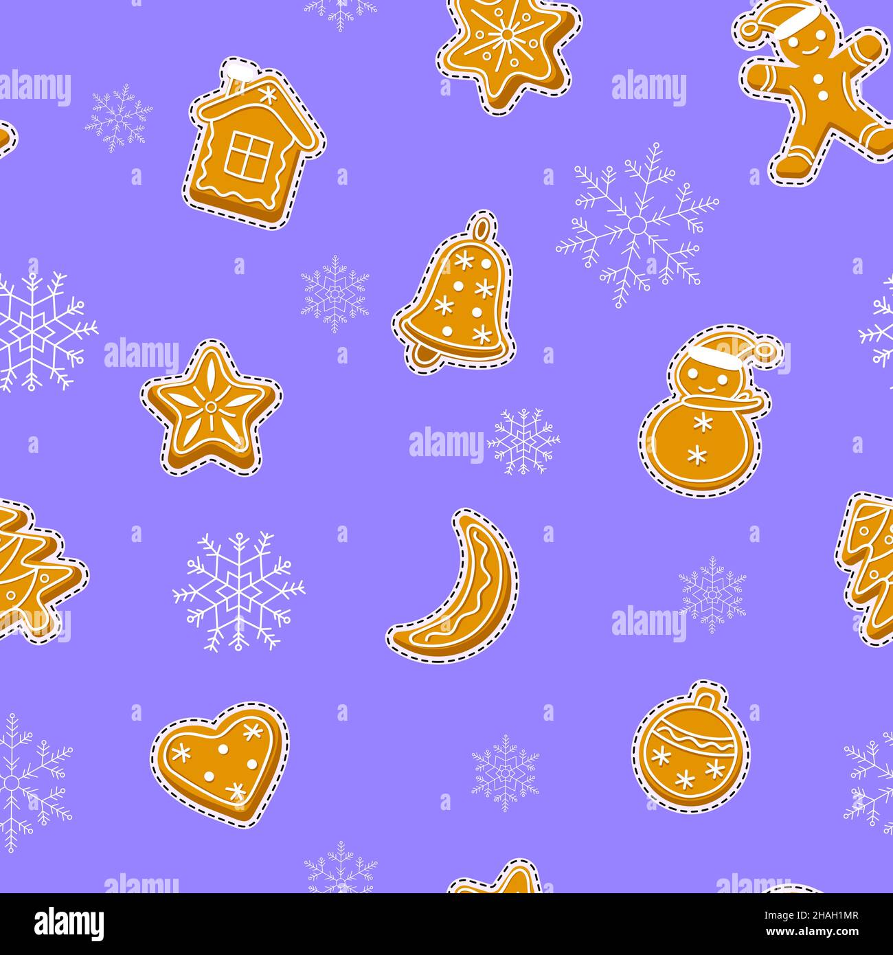 Gingerbread stickers seamless pattern with snowflakes. Festive Christmas background with cookies. Stock Vector