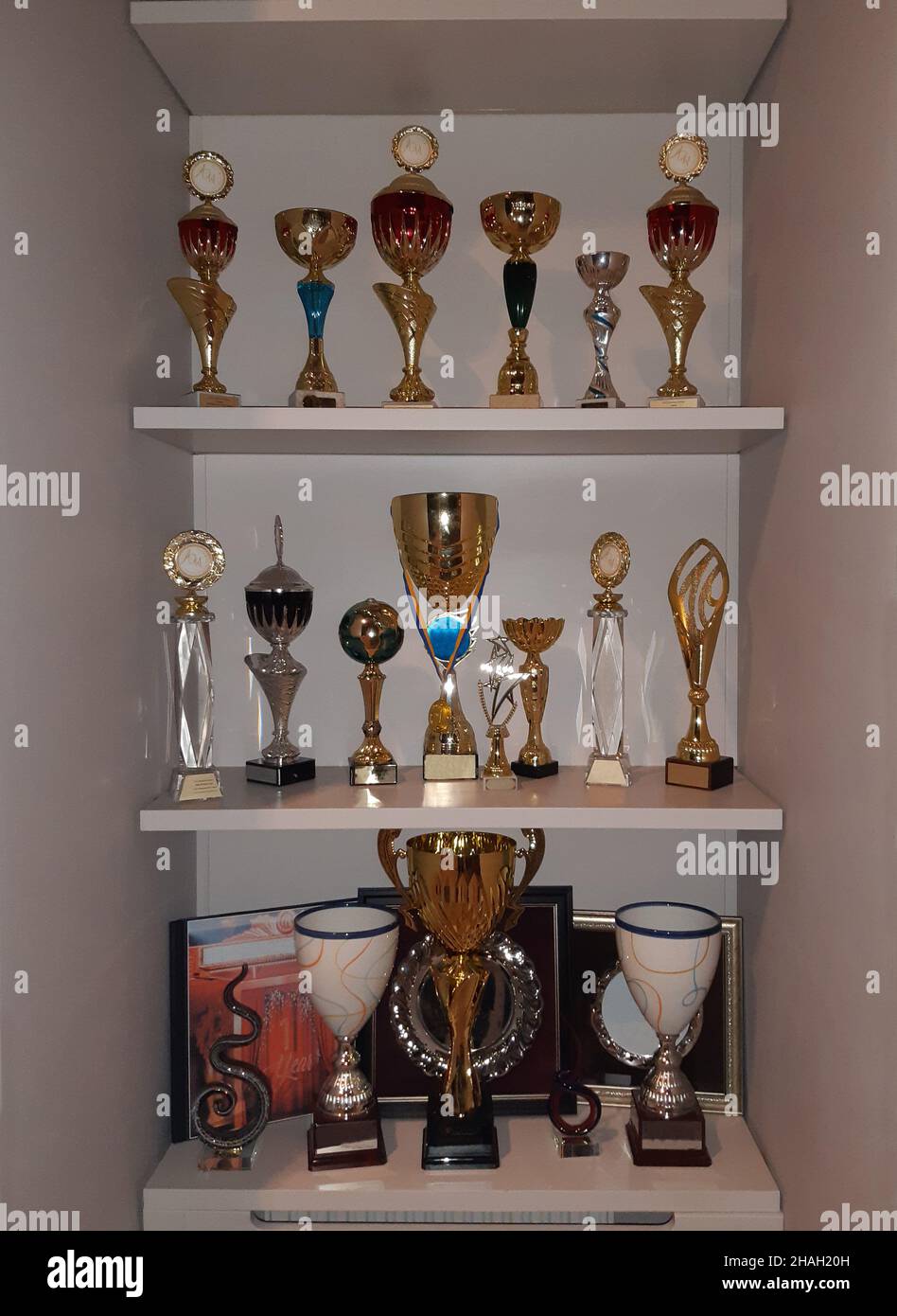On several shelves there are rows of different sports cups for prizes
