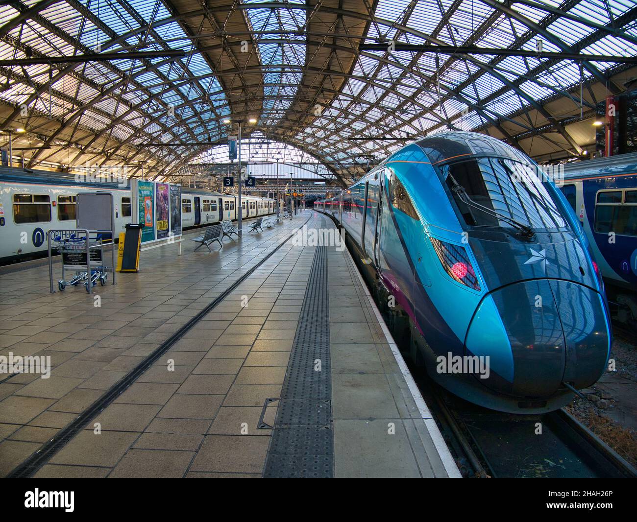 The engine of a TransPennine Express train at Lime Street Station in Liverpool, UK. The train is waiting for passengers to arrive. Stock Photo