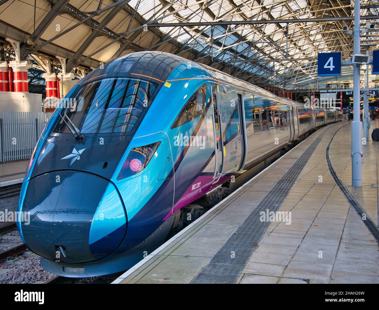 The engine of a TransPennine Express train at Lime Street Station in Liverpool, UK. The train is waiting for passengers to arrive before departing for Stock Photo