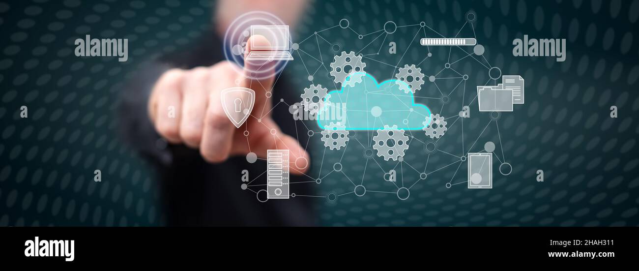 Touch In Computing Man touching a cloud computing concept on a touch screen with his ...