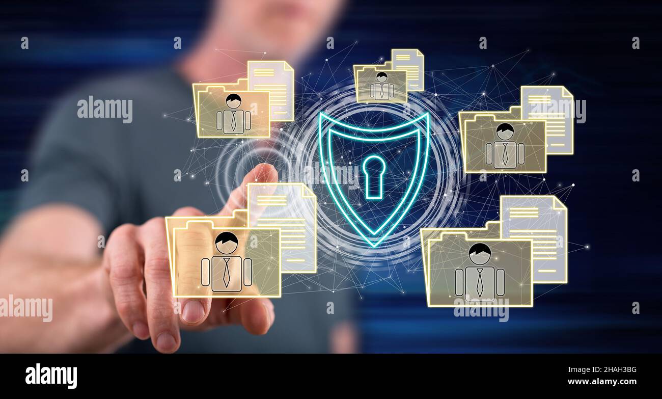 Man touching a personal data security concept on a touch screen with ...