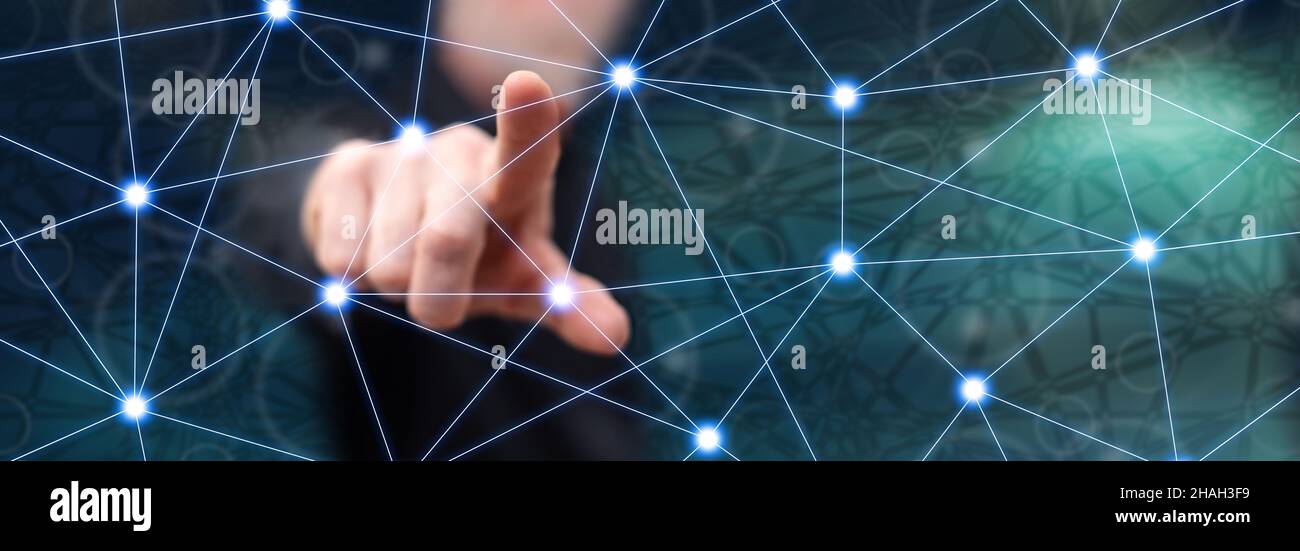 Man touching a virtual network on a touch screen with his finger Stock ...