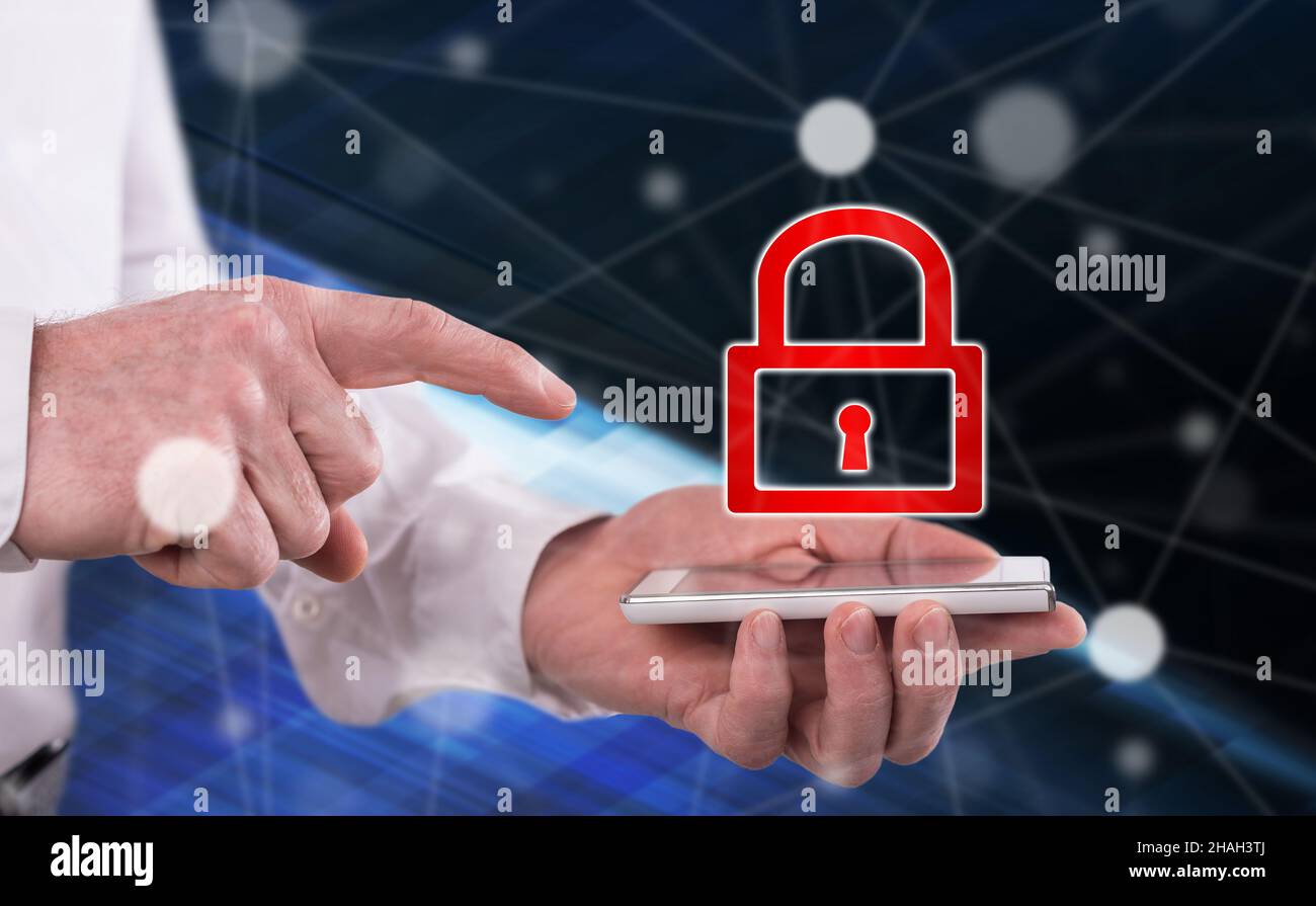 Cyber security concept above a smartphone held by a man Stock Photo - Alamy