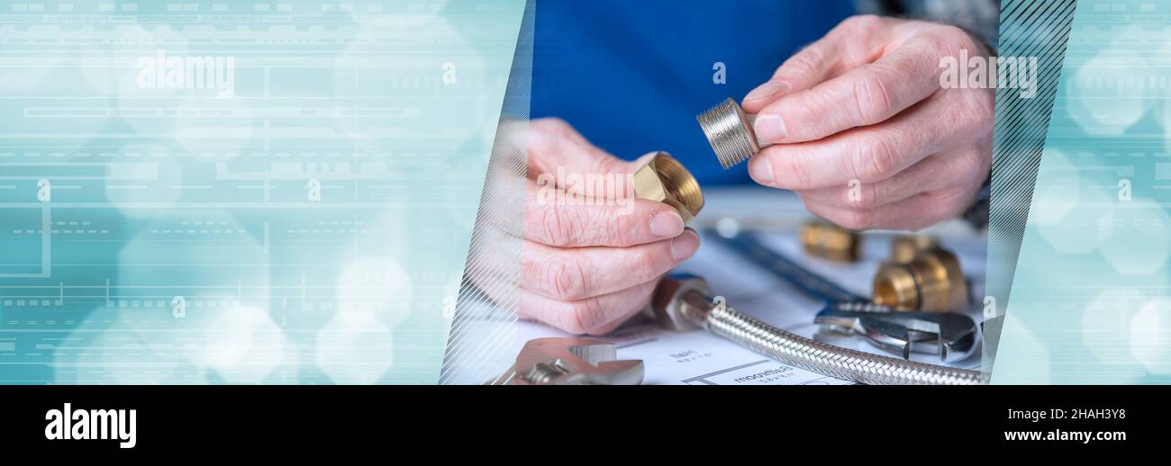 Plumber hands using plumbing fittings. panoramic banner Stock Photo Alamy
