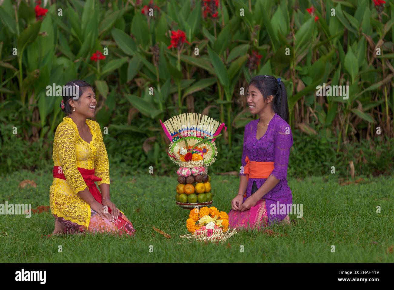 Traditionally dressed Indonesian women carry fruits and flowers near Tamblingan temple and lake, Bali. Stock Photo