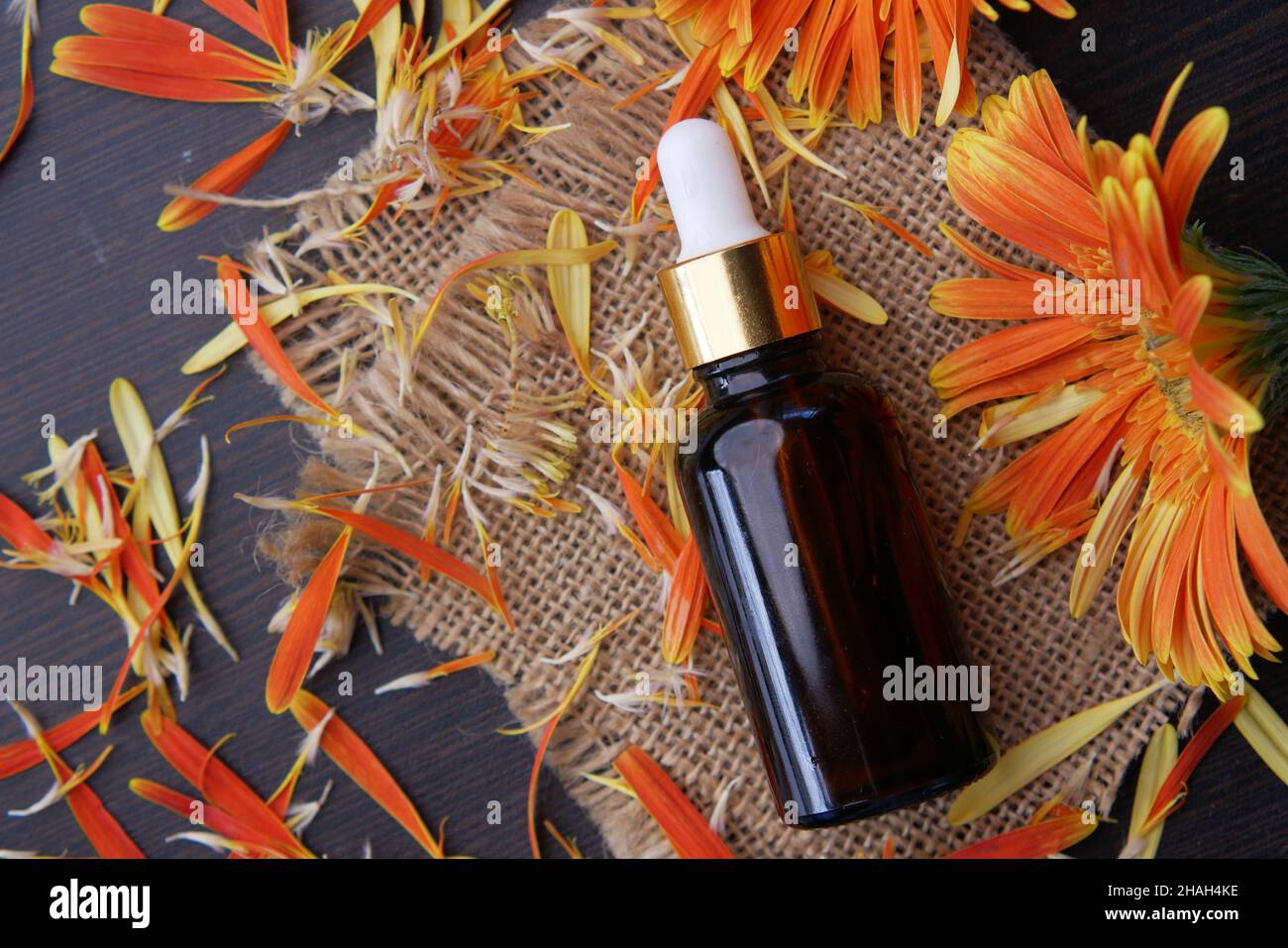 eucalyptus essential oils in a glass bottle and flower on table  Stock Photo