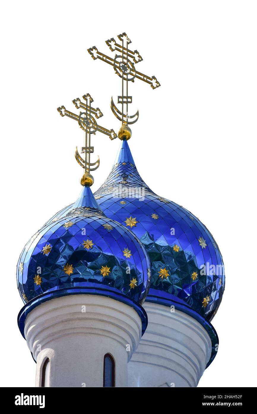 On a white background, under clipping, two domes of a Christian church in blue, of different sizes, with crosses at the top Stock Photo