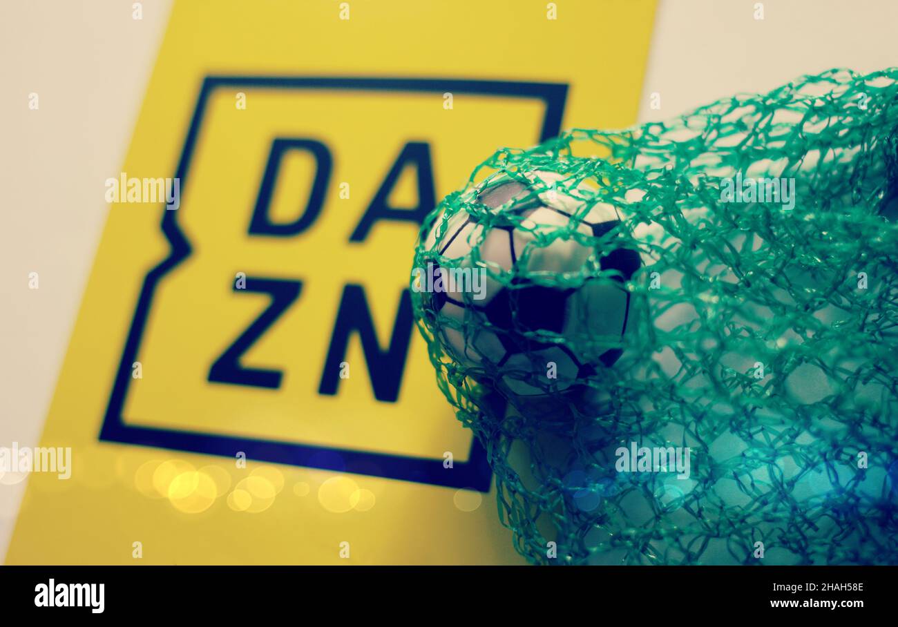 Florence, Italy , December 12th 2021, Dazn logo with a soccer ball concept of sport pay per view Stock Photo