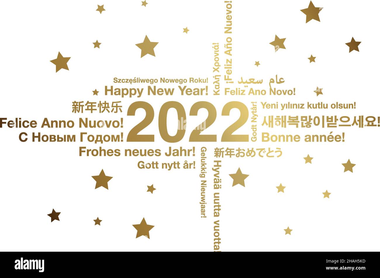 Happy New Year 2022 in different languages word cloud greeting card concept Stock Vector
