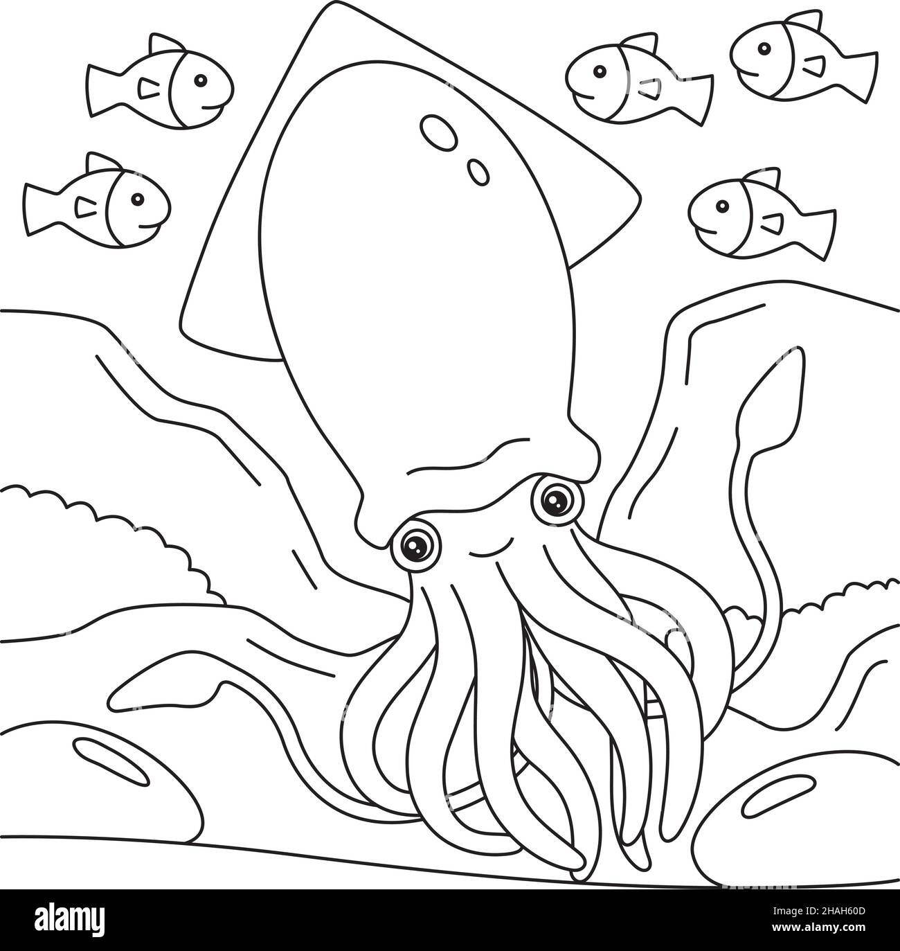 Giant Squid Coloring Page for Kids Stock Vector