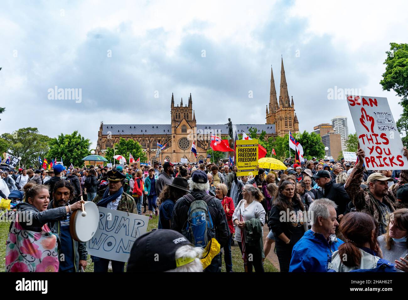 Large crowd of people. Thousands of protesters at demonstration against Australian government vaccine mandates in Sydney at Hyde Park. Stock Photo