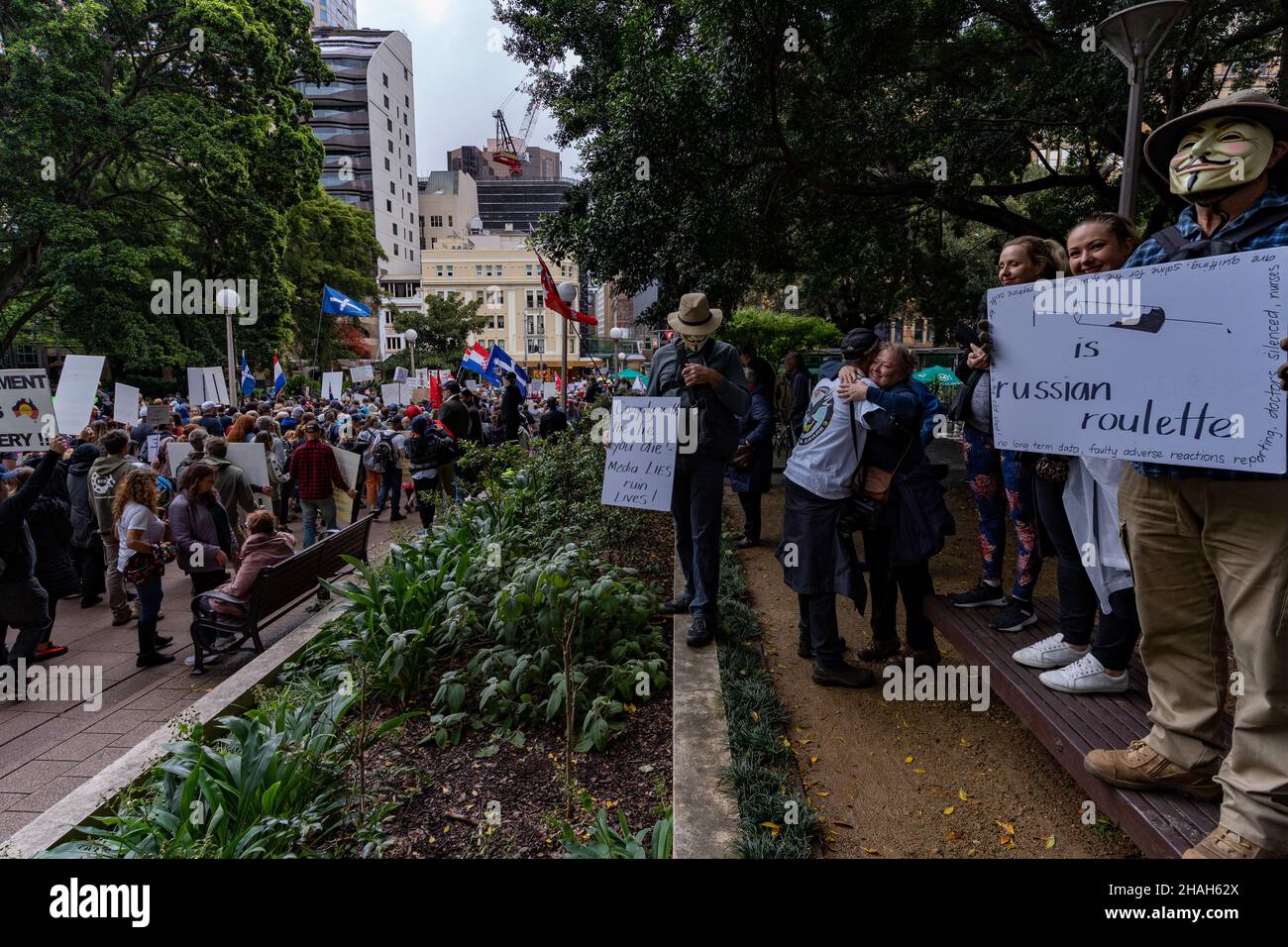 People at protest rally to oppose Australian government mandatory vaccination policy. Demonstration to protest vaccine passport in Australia. Stock Photo