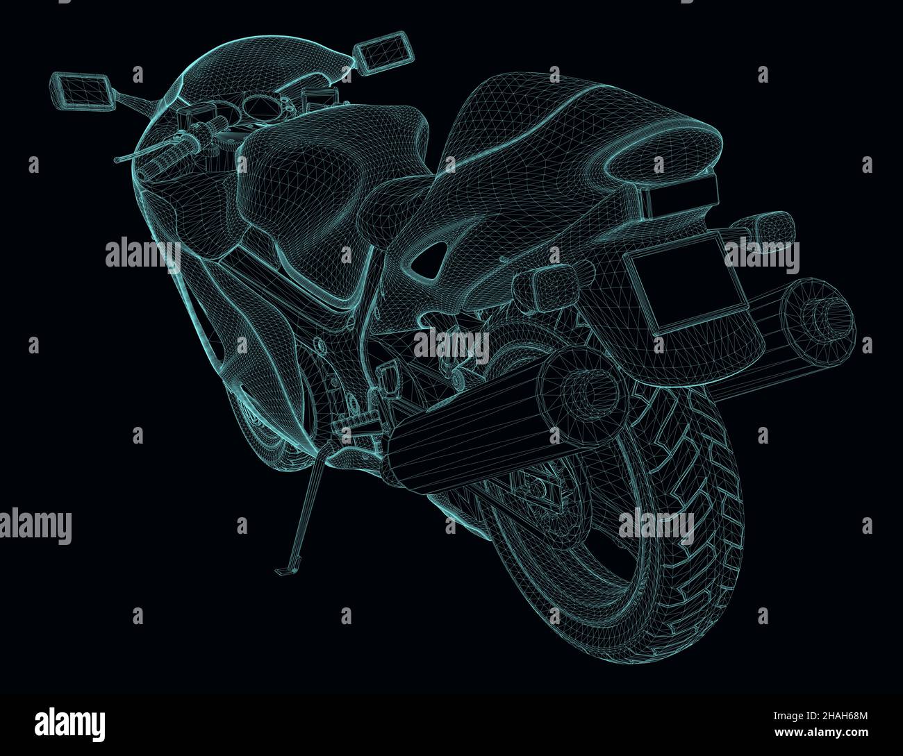 Wireframe of a sports motorcycle from blue lines isolated on a dark ...