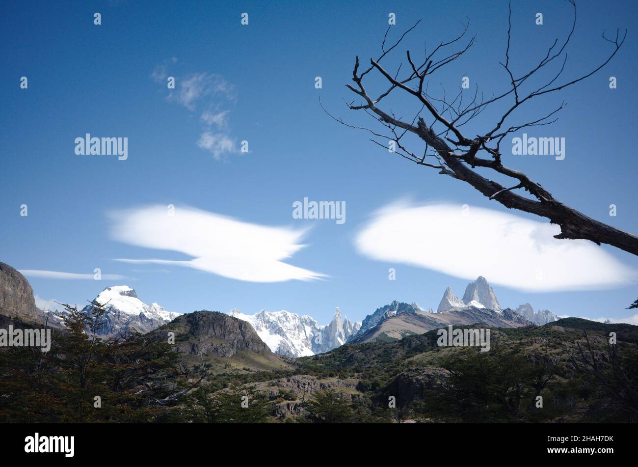 Panoramic view of Cerro Solo, Cerro Grande, Cerro El Doblado, Cerro Torre and mount Fitz Roy near El Chalten, Patagonia Andes, Argentina Stock Photo