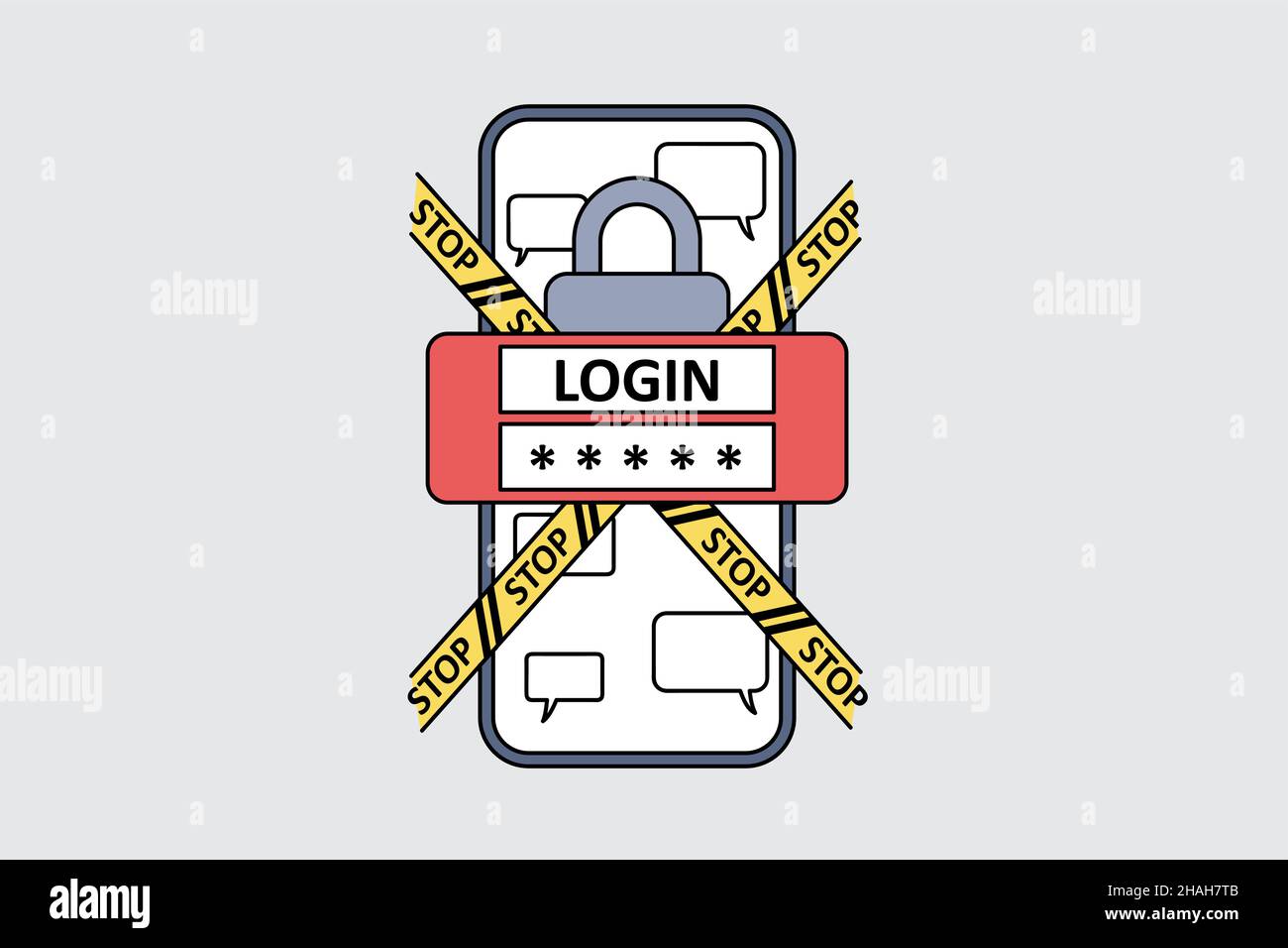 Personal identification and safety concept. Smartphone screen with login password and stop signs crossing it with lock and chat messages in application vector illustration  Stock Vector