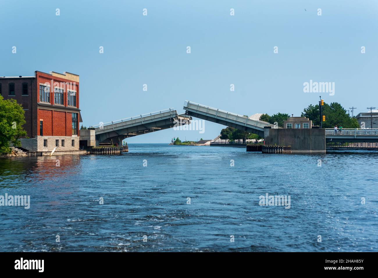 The Alpena draw bridge raised to allow boat traffic through on the Thunder Bay river Stock Photo