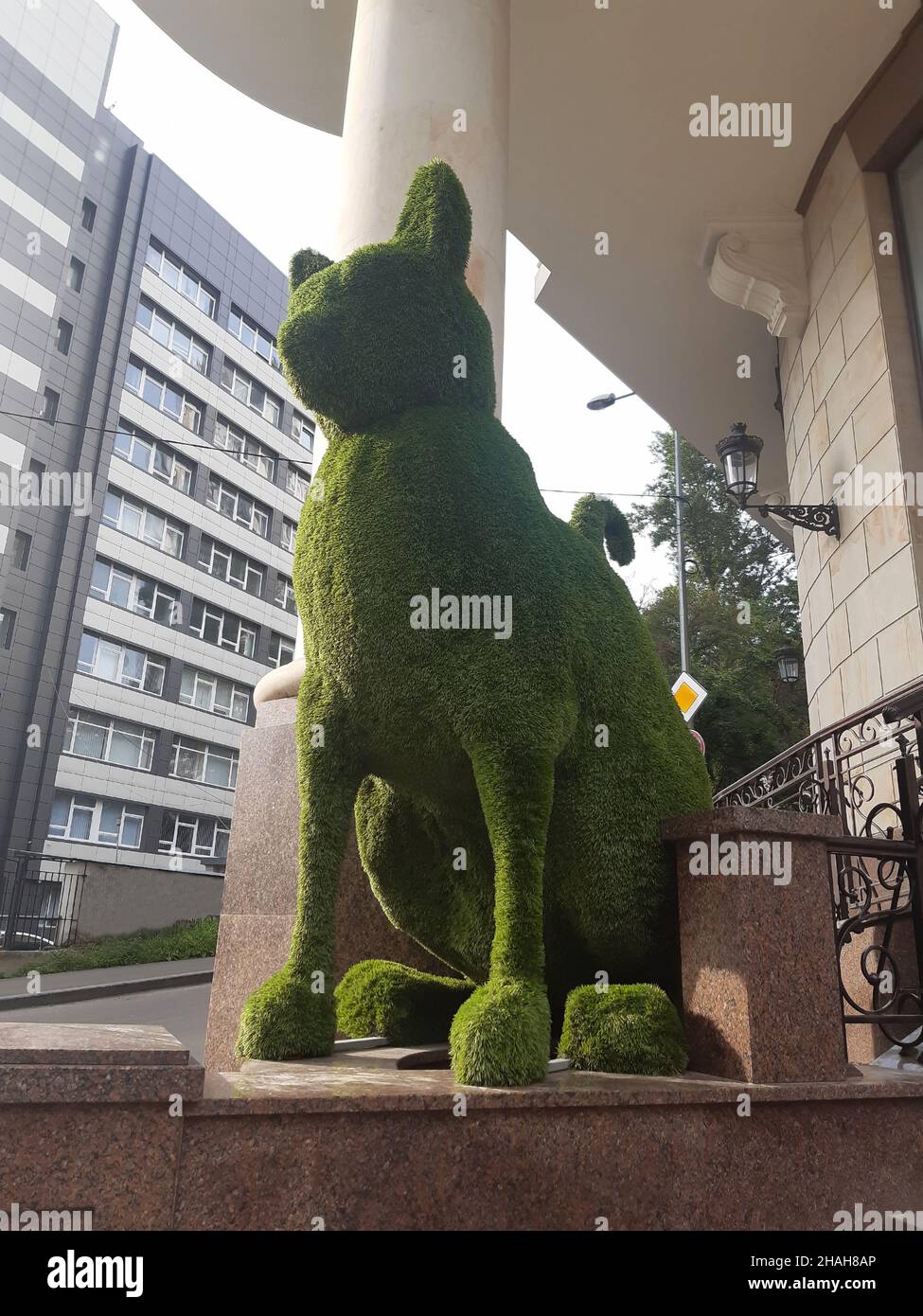 Huge decorative statue of a cat profile made of green soft material near the store Stock Photo