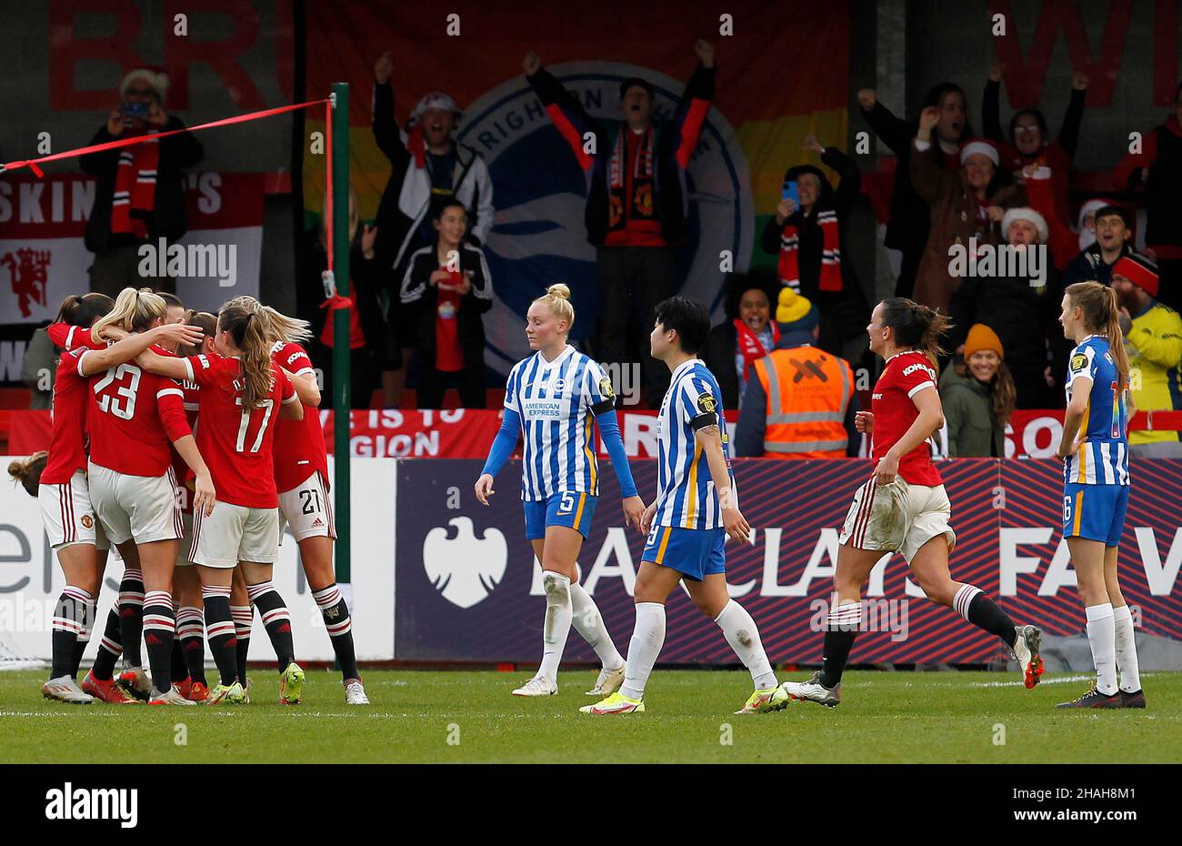 CRAWLEY, United Kingdom, DECEMBER 12: GOAL:  Hayley Ladd of Manchester United Women celebrates her goal during Barclays FA Woman Super League between Stock Photo