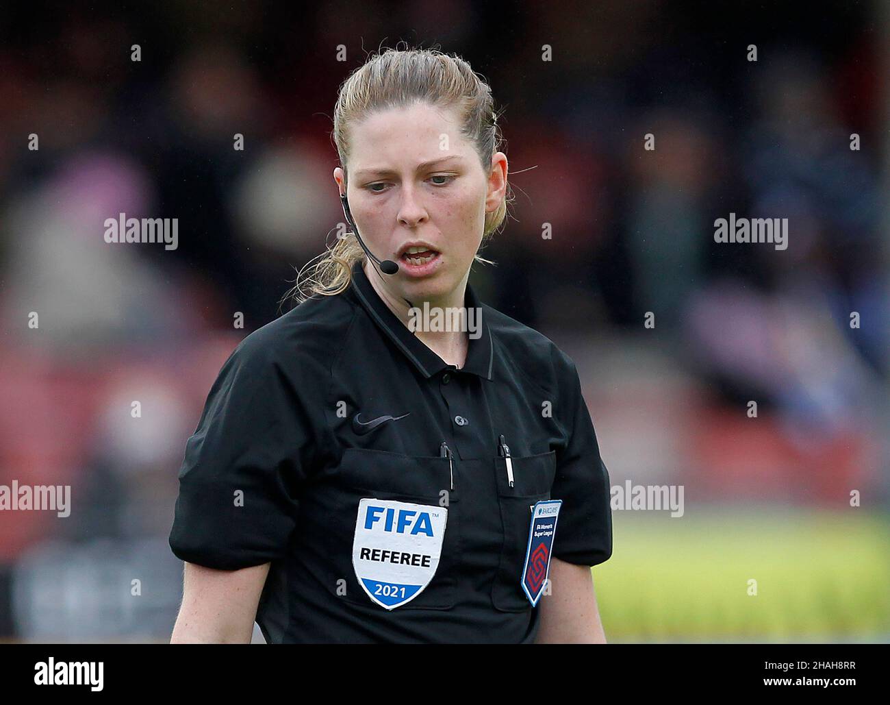 CRAWLEY, United Kingdom, DECEMBER 12: Referee, Abigail Byrne during Barclays FA Woman Super League between Brighton and Hove Albion and Manchester Uni Stock Photo