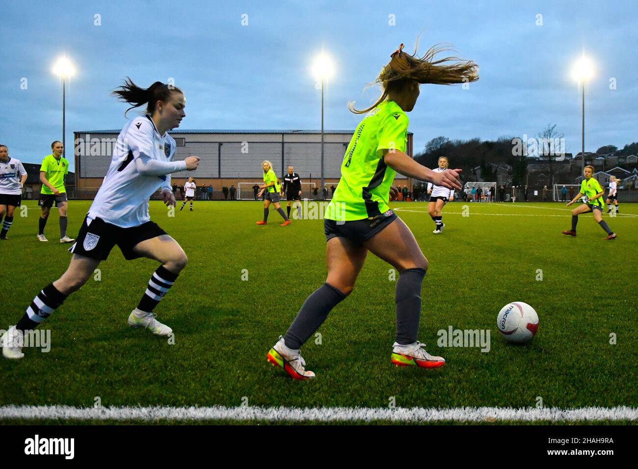 Neath, UK. 12th Dec, 2021. Floodlit action from the Genero Adran South match between Briton Ferry Llansawel Ladies and Merthyr Town Women at Neath Sports Centre in Neath, Wales, UK on 12, December 2021. Credit: Duncan Thomas/Majestic Media. Credit: Majestic Media Ltd/Alamy Live News Stock Photo