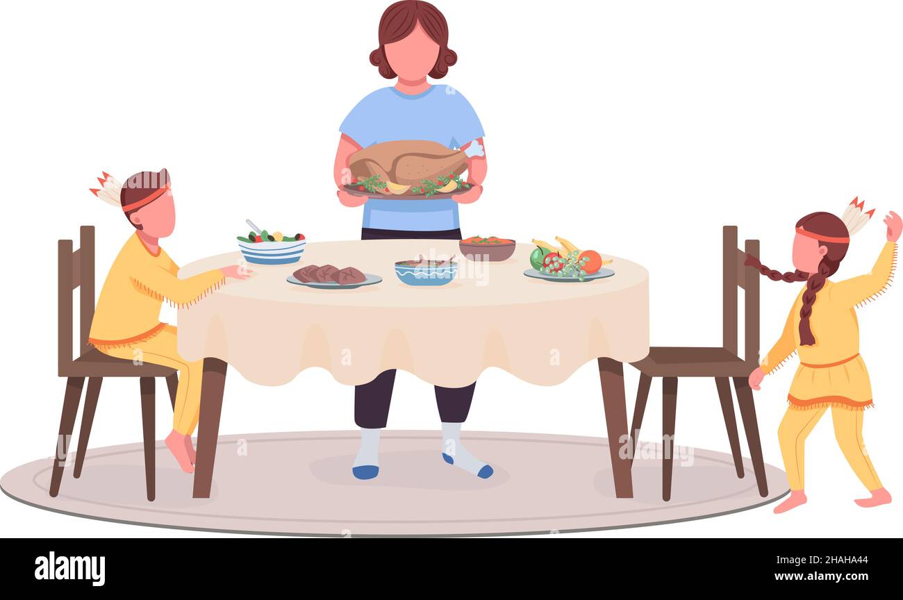 Family on thanksgiving semi flat color vector characters Stock Vector