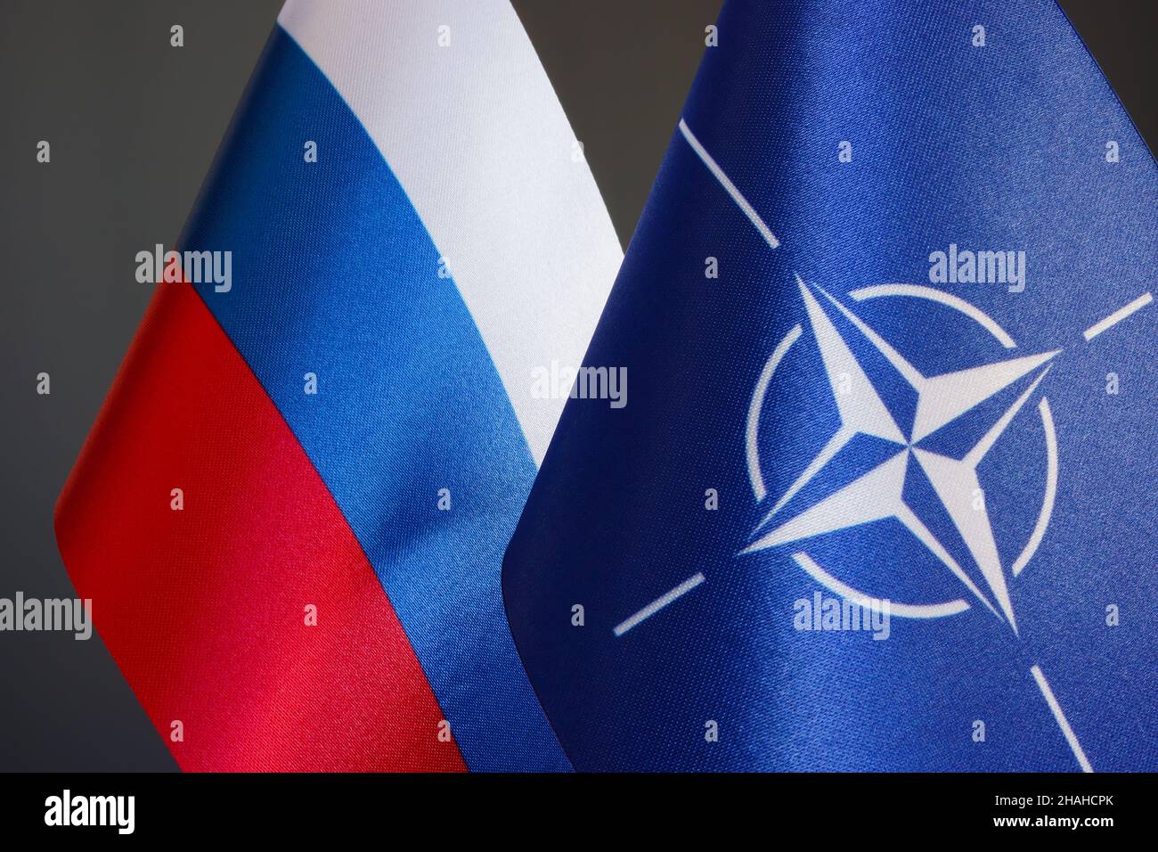 KYIV, UKRAINE - October 6, 2021. Flags NATO and Russia. Stock Photo