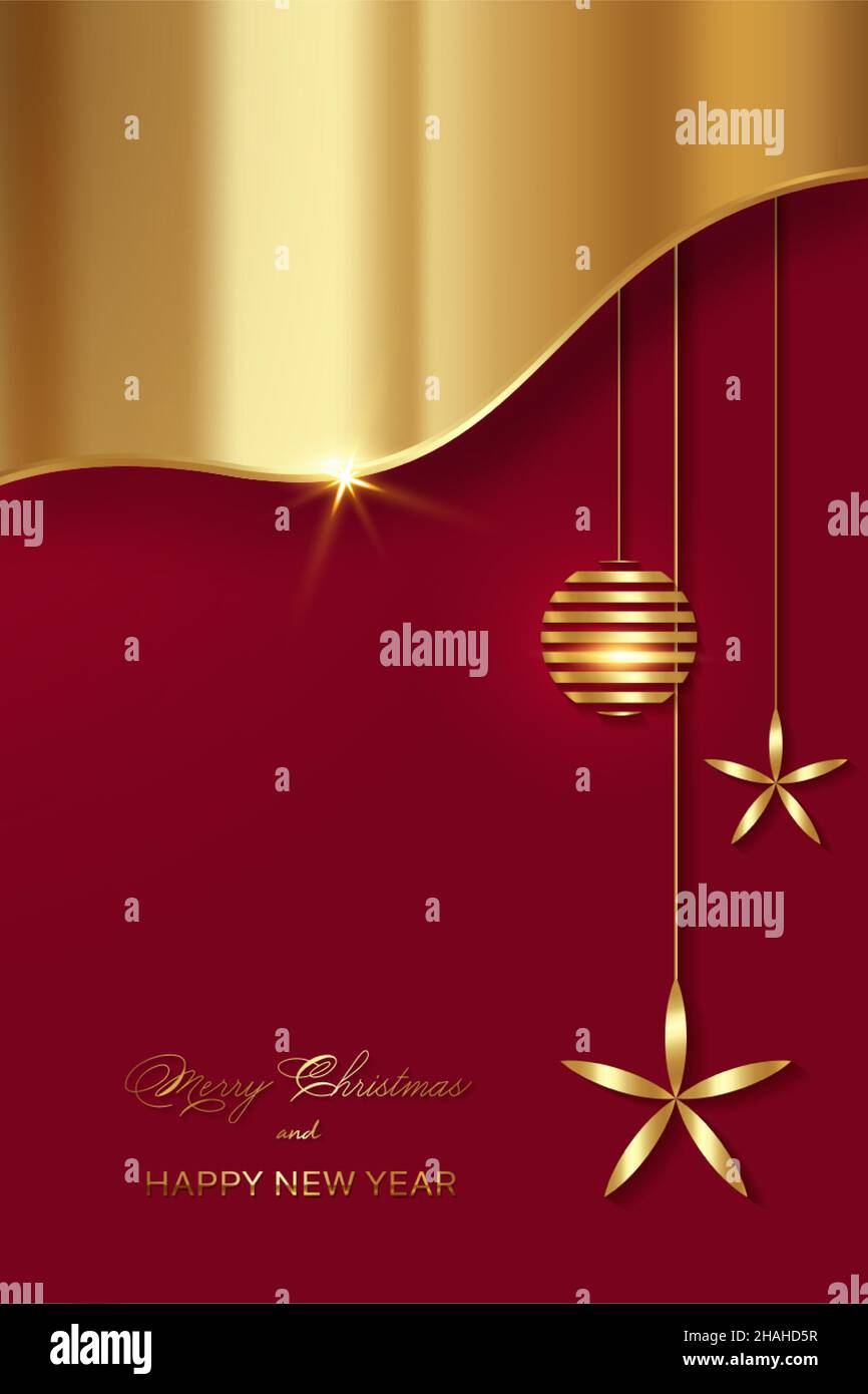 Christmas luxury holiday banner with gold handwritten Merry Christmas and Happy New Year greetings and golden Christmas balls. Vector illustration on Stock Vector