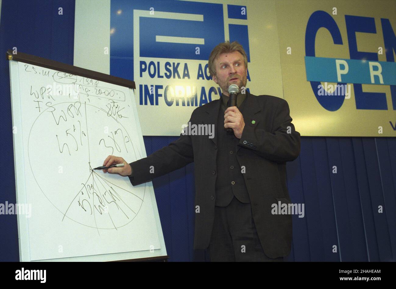 Warszawa 07.03.2002. Konferencja prasowa prezesa Wiejskiego Centrum Integracji Europejskiej Jacka Soski w Centrum Prasowym Polskiej Agencji Informacyjnej przy ul. Bagatela. uu  PAP/Grzegorz Rogiñski       Warsaw 7 March 2002. President of the Rural European Integration Centre Jacek Soska holds a press conference at the Press Centre of the Polish Information Agency on Bagatela Street.  uu  PAP/Grzegorz Roginski Stock Photo