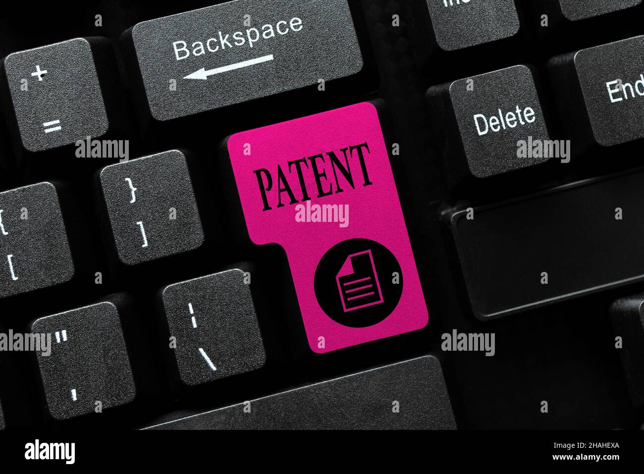 Text showing inspiration Patent. Business concept government authority or licence conferring a right or title Typing Advance Lesson And Lecture Plans Stock Photo
