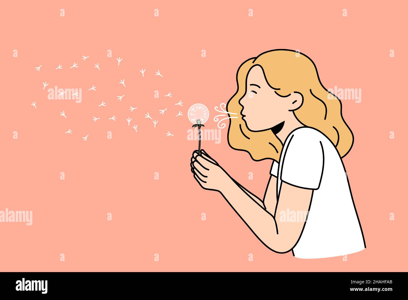 Summer fun and making wish concept. Blonde girl in white t-shirt standing and blowing fluffy dandelion flower during summer walk vector illustration  Stock Vector