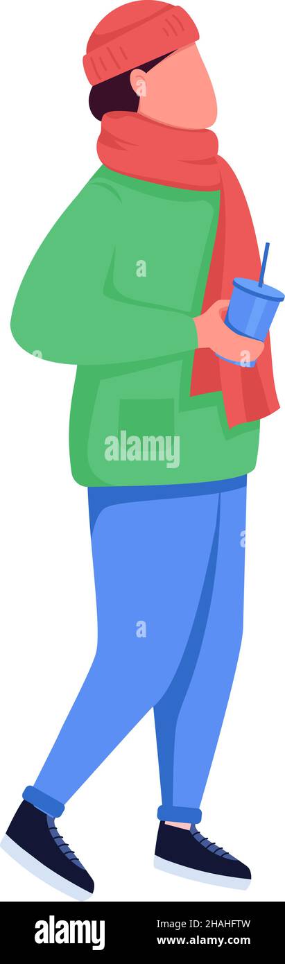 Guy walking in cold weather semi flat color vector character Stock Vector