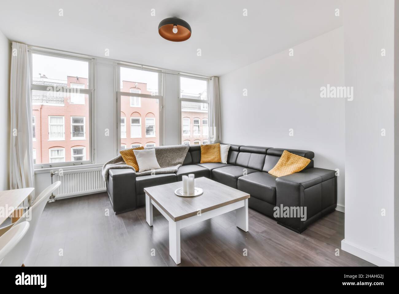 Stylish living room design with an elegant sofa upholstered in black ...