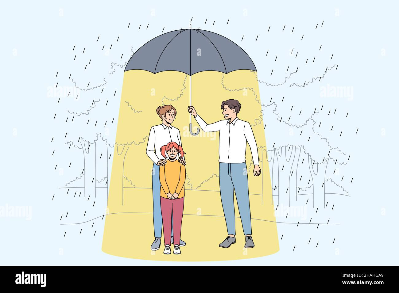 Taking care and support concept. Young smiling man standing and holding huge umbrella under woman mother and her little daughter on rainy day vector illustration  Stock Vector